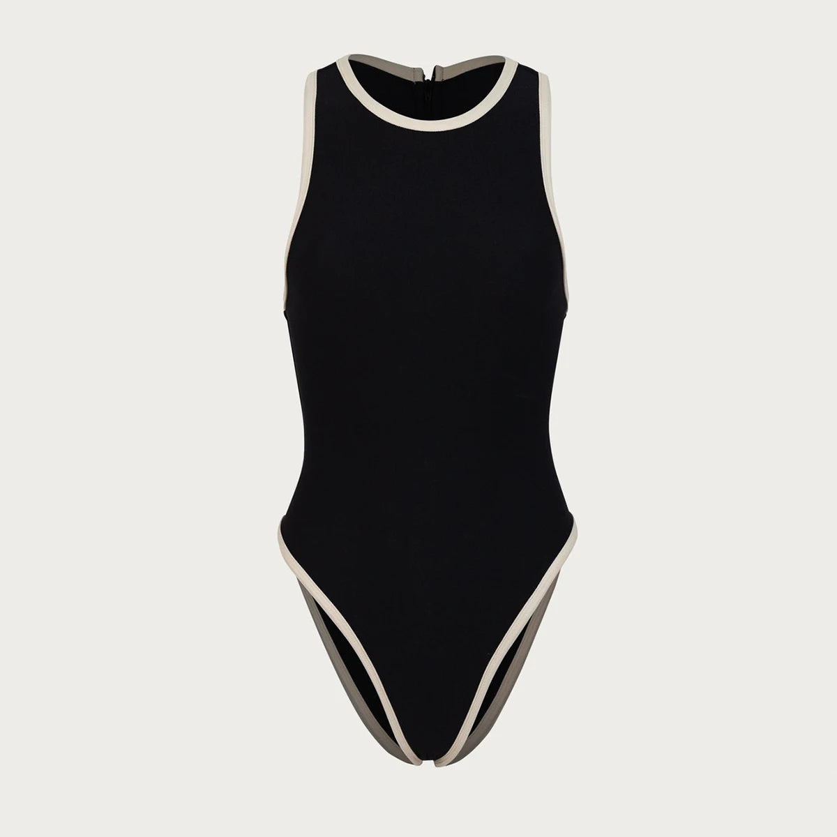 Flat lay of the Midnight Wave One-Piece Swimsuit in black with white edging and halter neckline