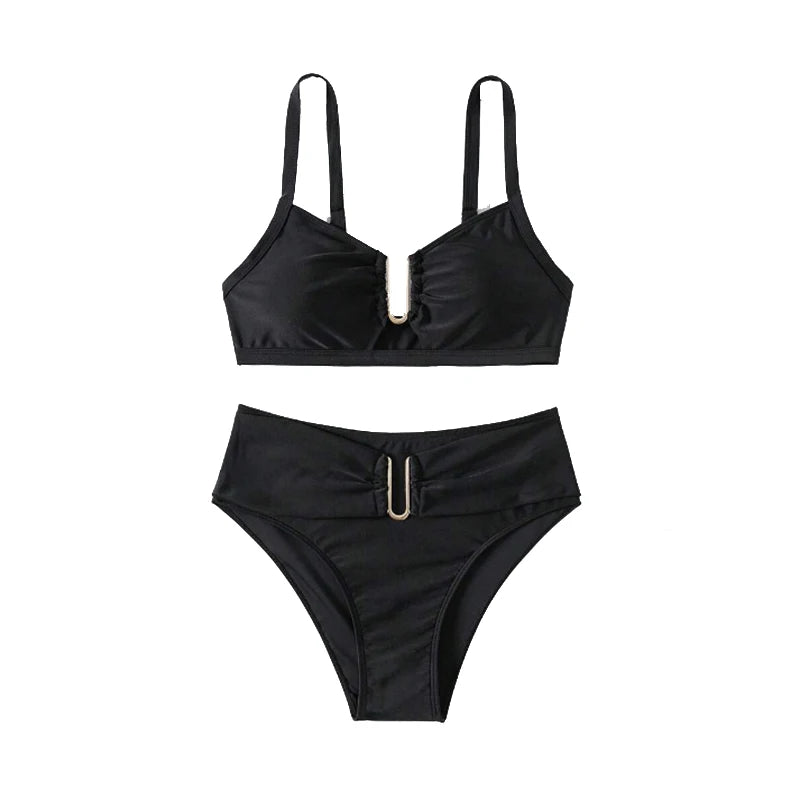 Flat lay of Shadow Bay Bikini Set in black, complete two-piece with push-up top and high-waist bottoms.