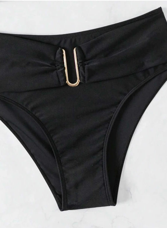 Close-up of Shadow Bay Bikini Set in black, highlighting gold-tone detail and premium quick-dry fabric.