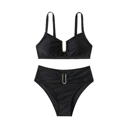 Flat lay of Shadow Bay Bikini Set in black, complete two-piece with push-up top and high-waist bottoms.
